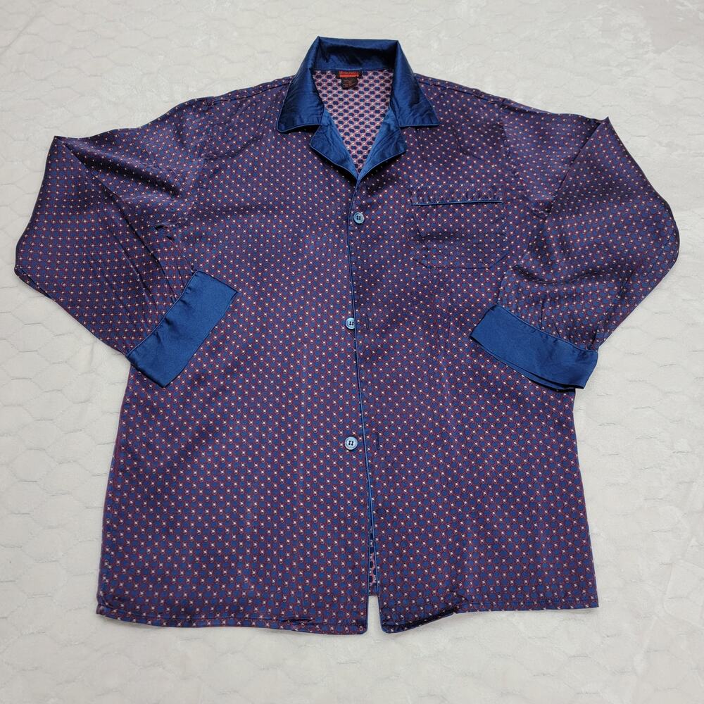 Untouchables Mens Silk Pajama Shirt Small Blue Geometric Chain Link Long Sleeve